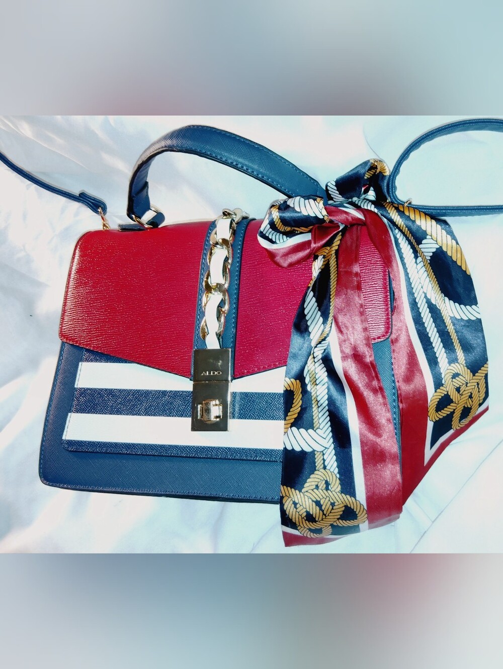 Red White & Blue Stripe ALDO Glenda Satchel Bag Gold Tone Hardware Accent Scarf